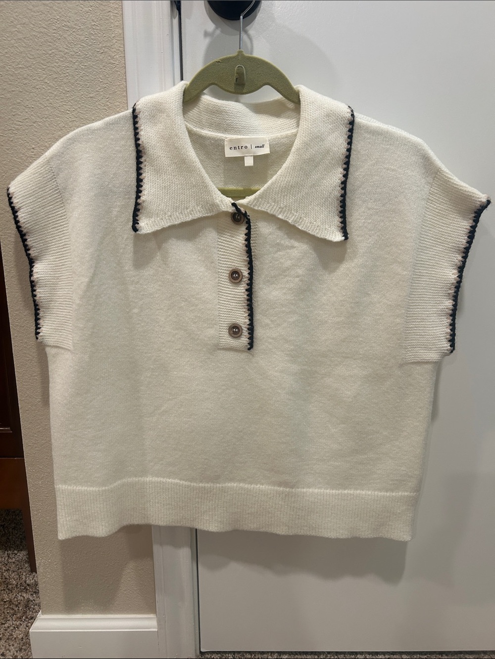 entro Ivory Polo Knit Top with Black Trim